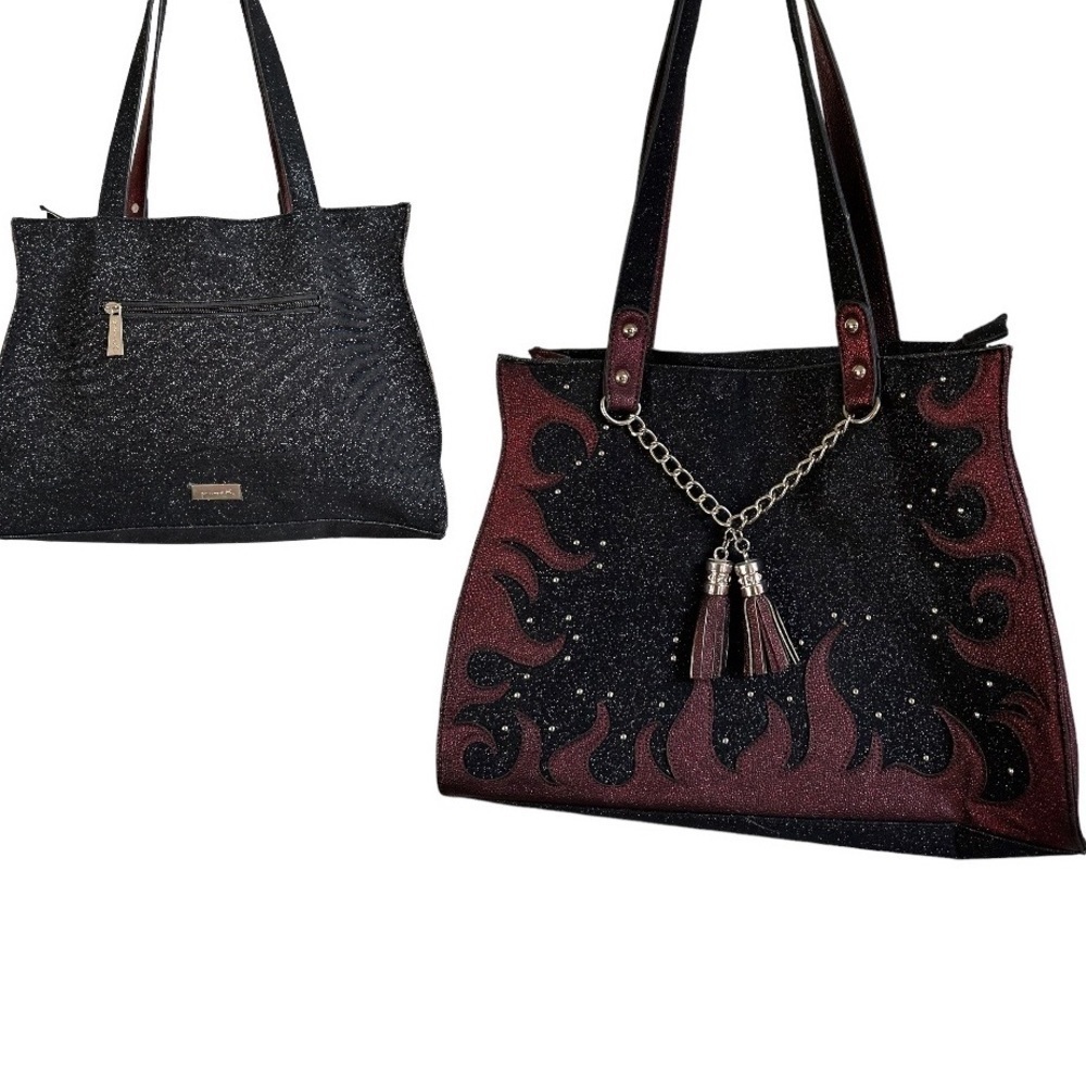 VINTAGE Cowgirl Western Handbag Sparkle Flames withTassels Black Burgundy NWT